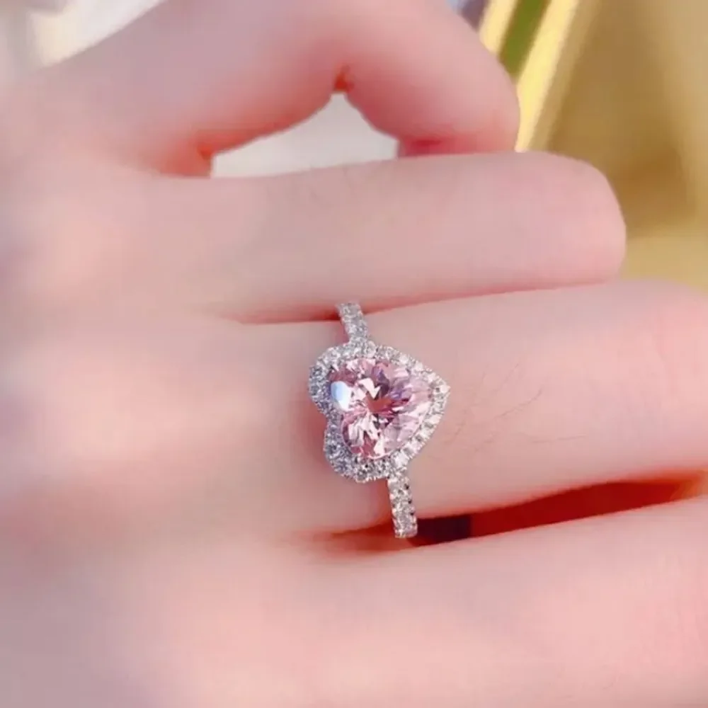 Ladies Pink Lab Created Diamond Trendy heart promise ring sz 7